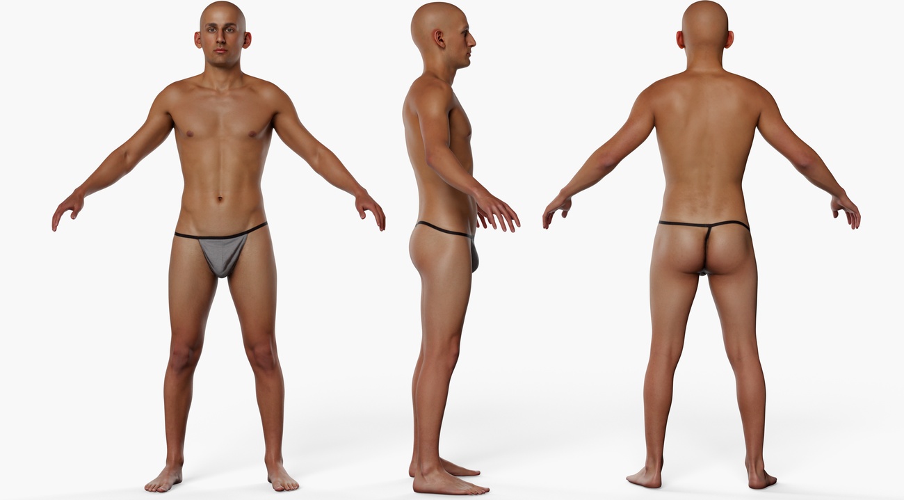 Full body 3D scan of a lean male with smooth skin, retopologised quad mesh for character art and animation